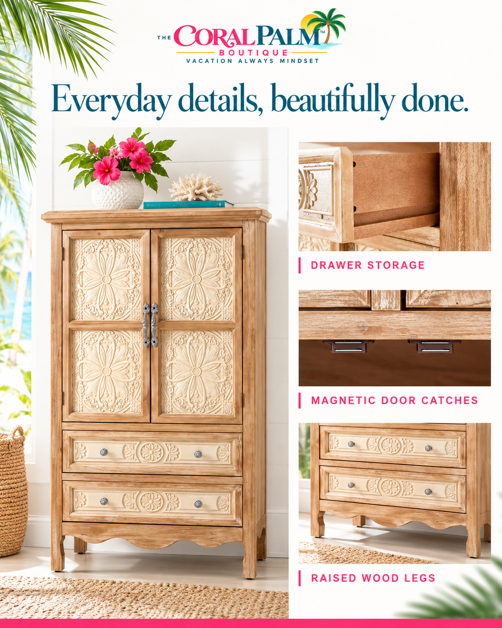 Seabrook Carved Wood Pantry Cabinet – Natural Finish