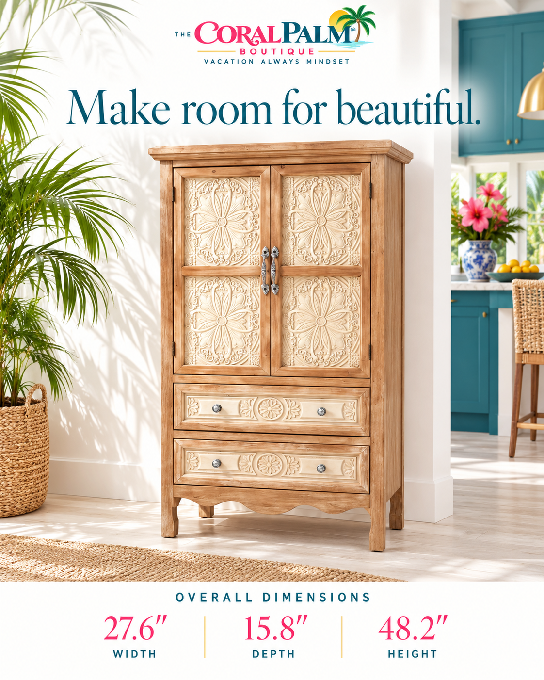 Seabrook Carved Wood Pantry Cabinet – Natural Finish