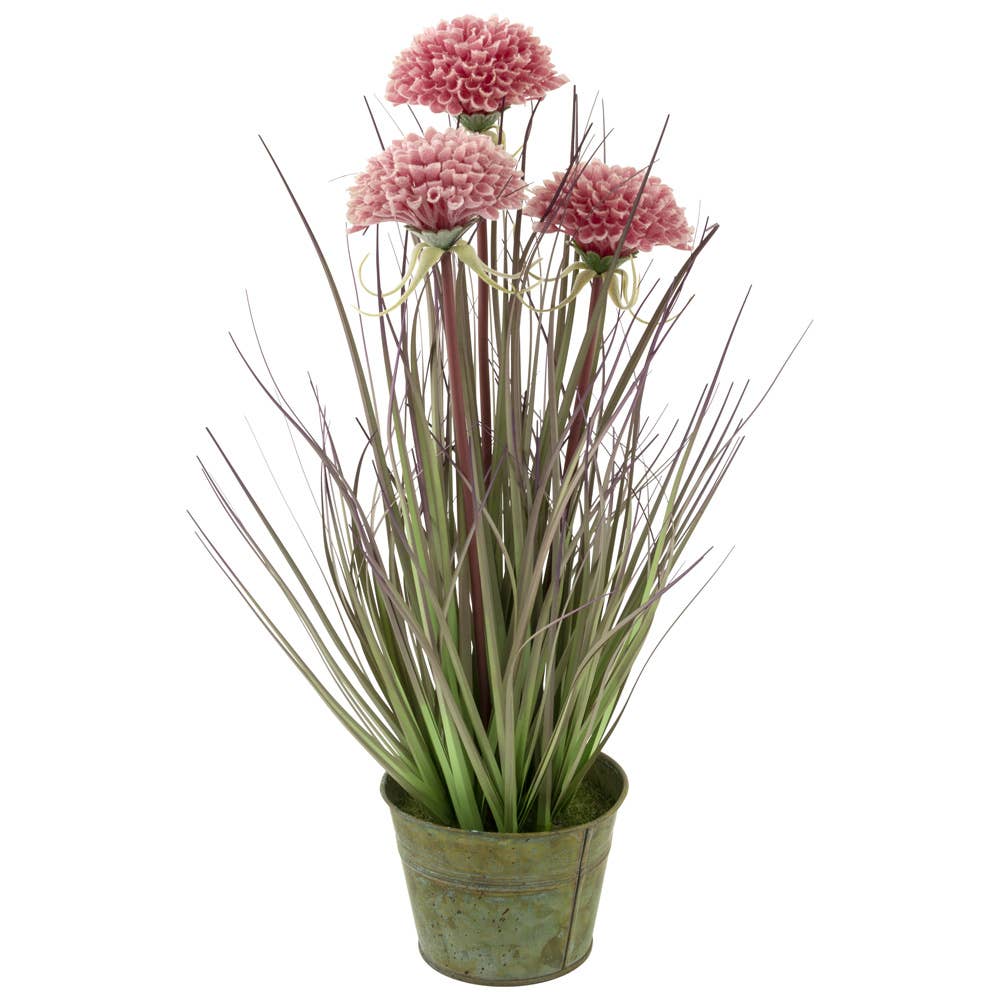 18" Tall Faux Pink Mums Grass Plant Décor - The Coral Palm LLC