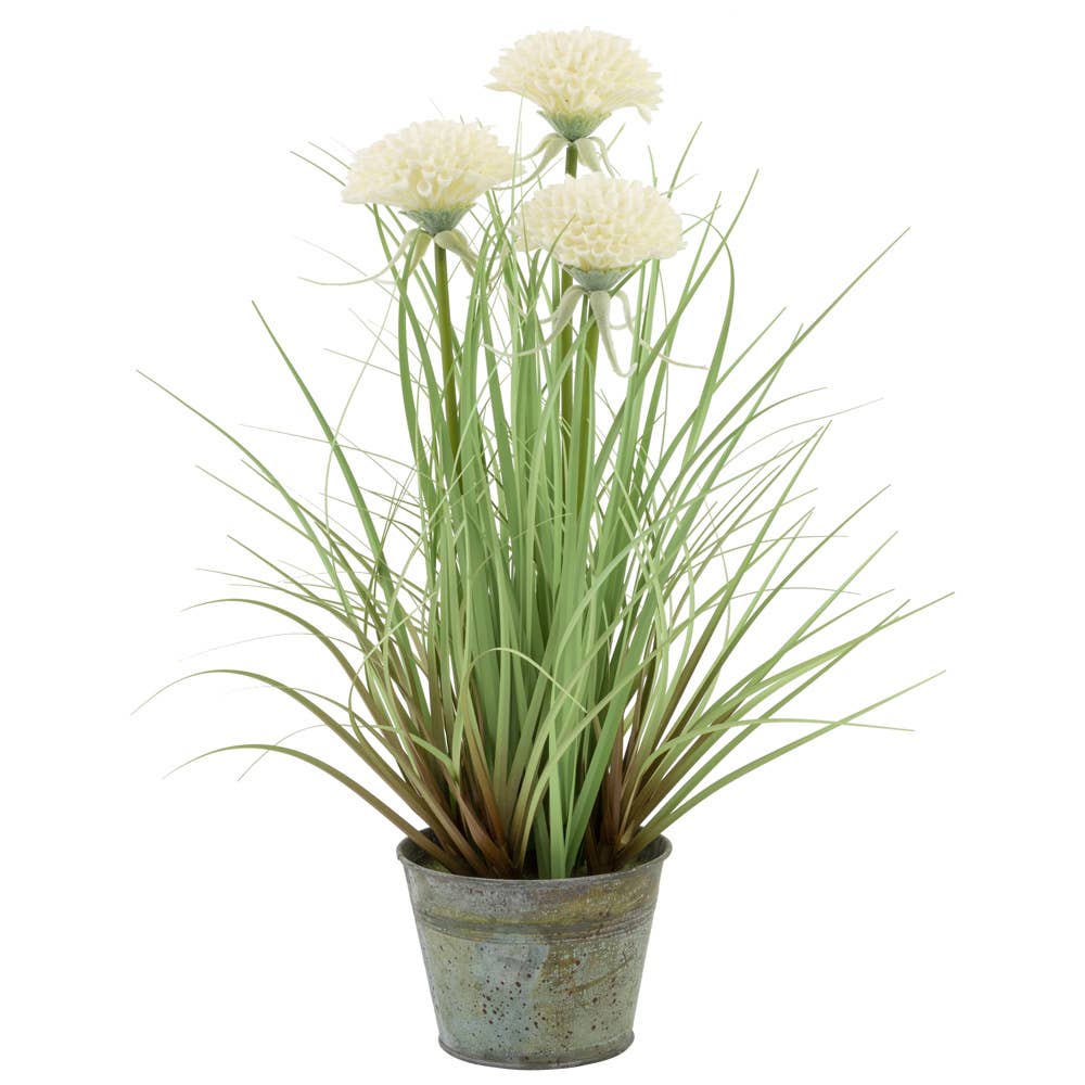 18" Tall Faux White Mums Grass Plant Décor - The Coral Palm LLC