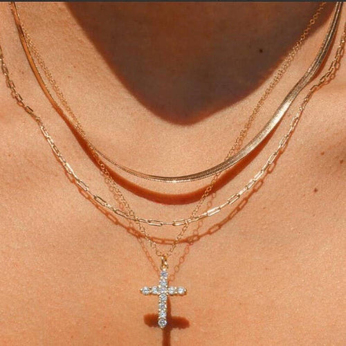 18K Gold PVD Stainless Steel Layered Rhinestone Cross Necklace - The Coral Palm LLC