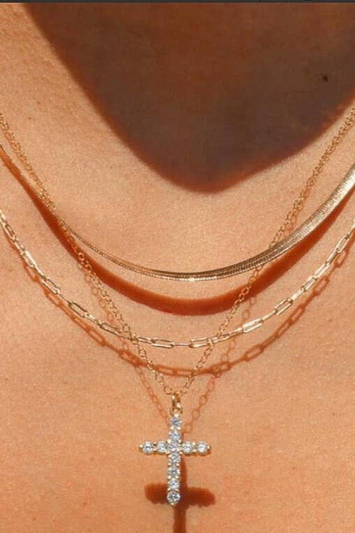 18K Gold PVD Stainless Steel Layered Rhinestone Cross Necklace - The Coral Palm LLC