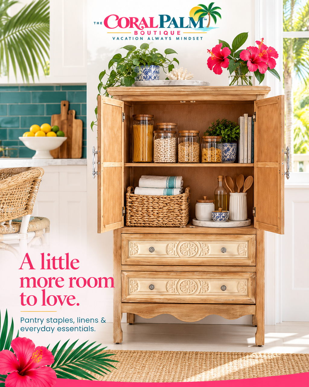 Seabrook Carved Wood Pantry Cabinet – Natural Finish