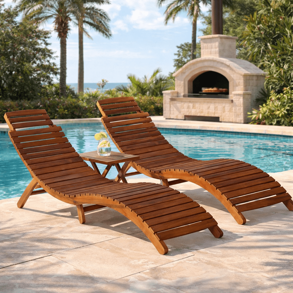 3 Piece Sunlounger with Tea Table Solid Acacia Wood - The Coral Palm LLC
