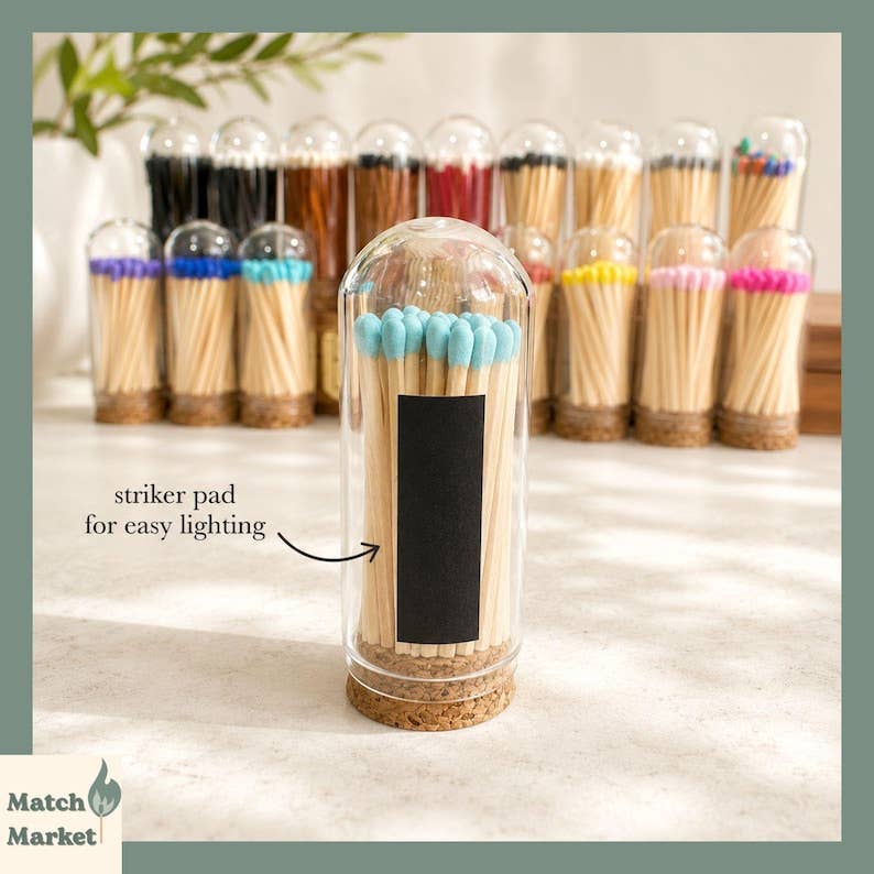 Glass Cloche Matches | 30 Safety Matches & Striker On Back | Bougie Home Decor