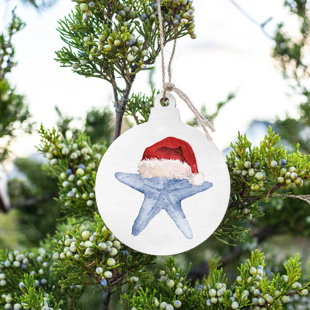 Santa Starfish Wooden Ornament