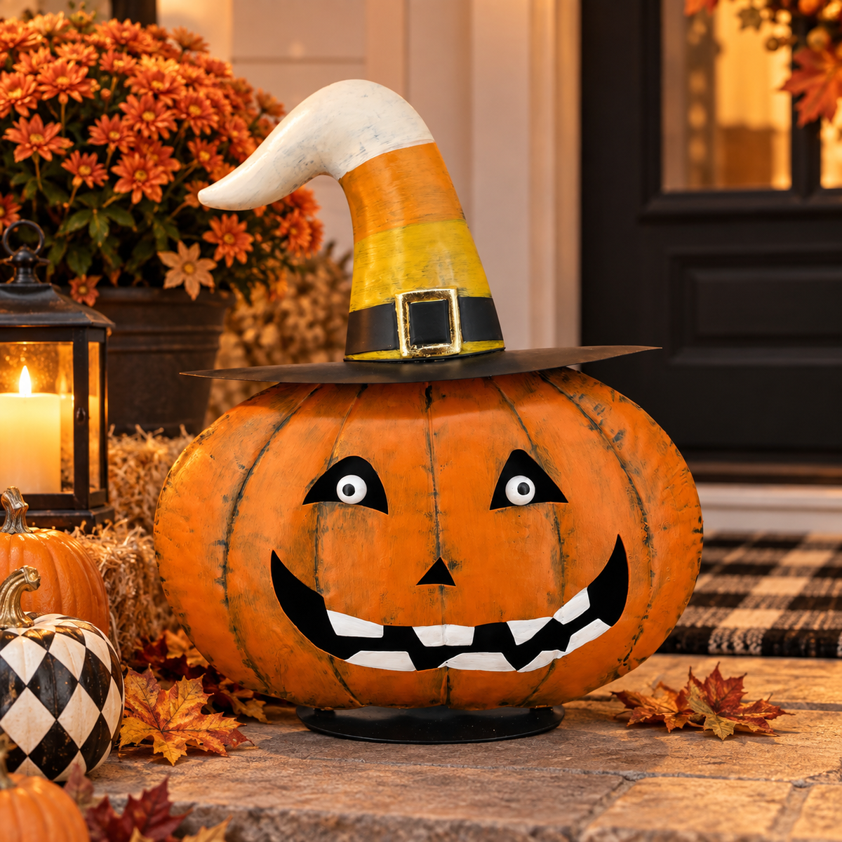 Madame Candy Corn 17.75” Metal Halloween Pumpkin