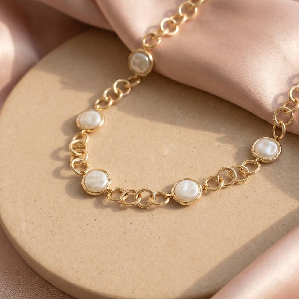 Coin Pearl Station Link Chain Necklace
