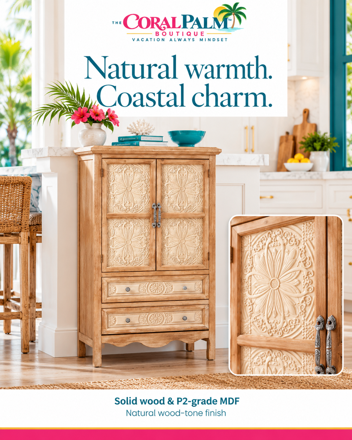 Seabrook Carved Wood Pantry Cabinet – Natural Finish