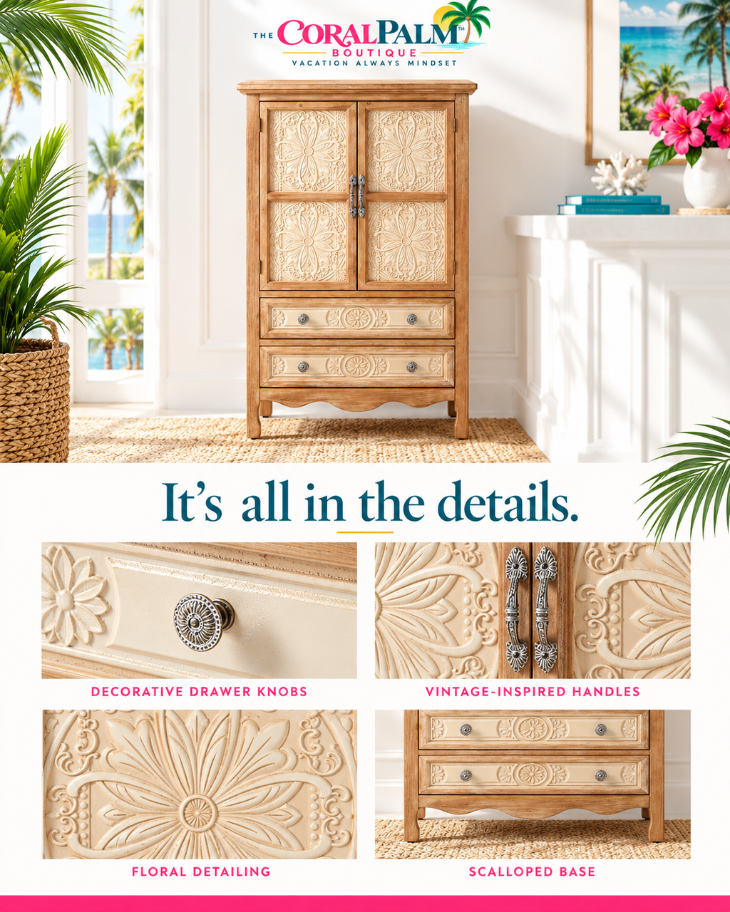 Seabrook Carved Wood Pantry Cabinet – Natural Finish