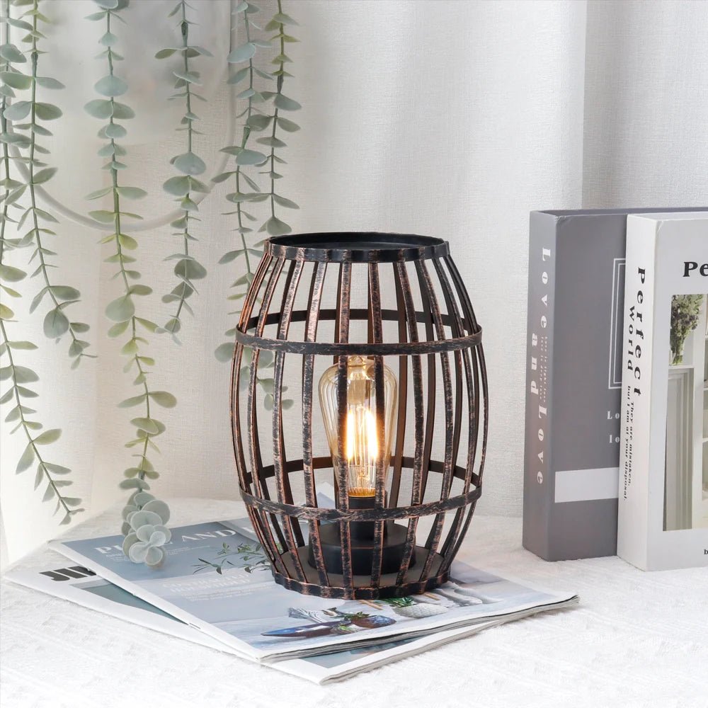 8"H Cordless Metal Wine Barrel Lamp(Black Brushed Gold) - The Coral Palm LLC