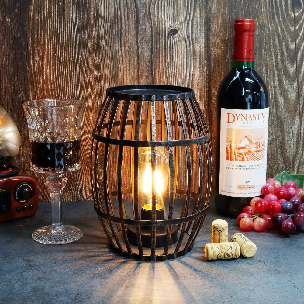 8"H Cordless Metal Wine Barrel Lamp(Black Brushed Gold) - The Coral Palm LLC