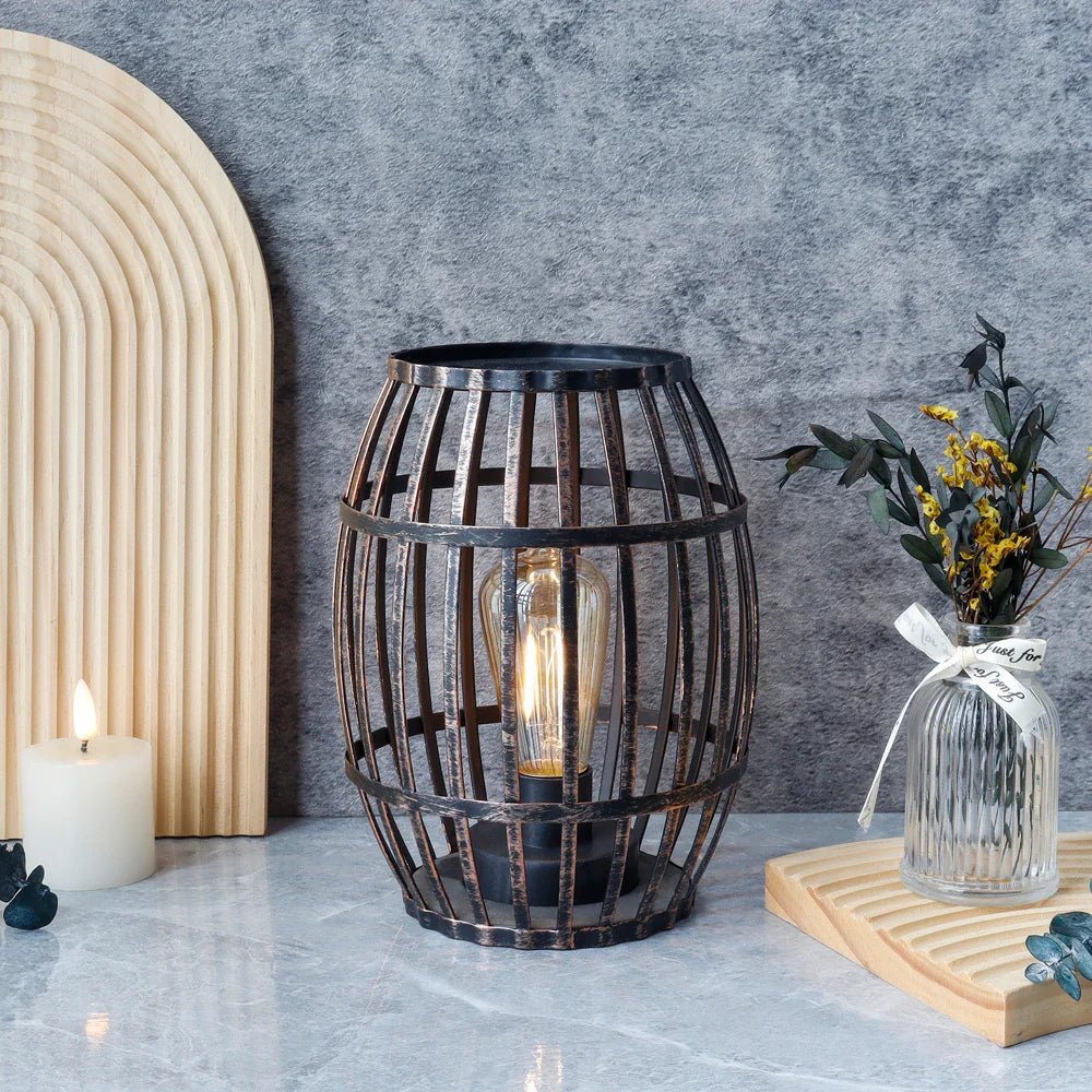 8"H Cordless Metal Wine Barrel Lamp(Black Brushed Gold) - The Coral Palm LLC