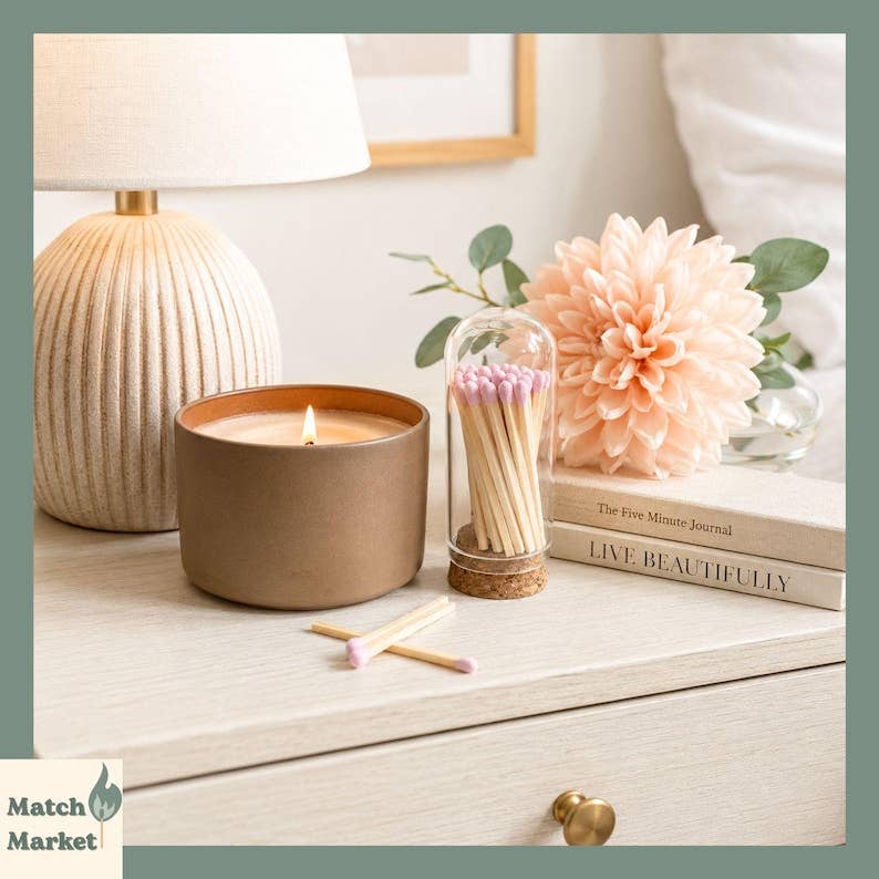 Glass Cloche Matches | 30 Safety Matches & Striker On Back | Bougie Home Decor