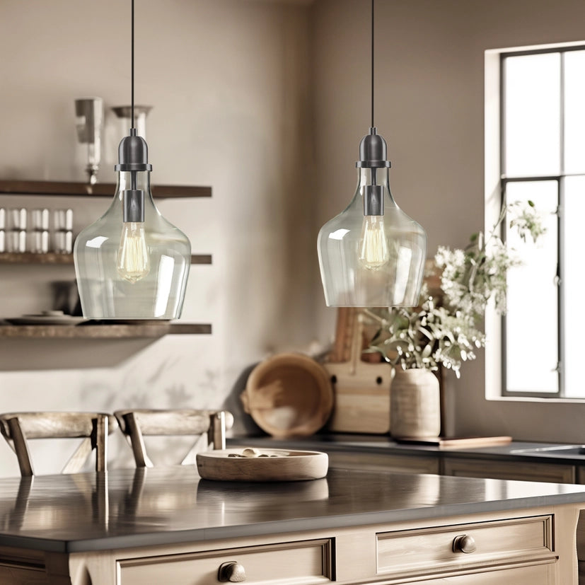 Clear Bell Shape Glass Metal Pendant, Black