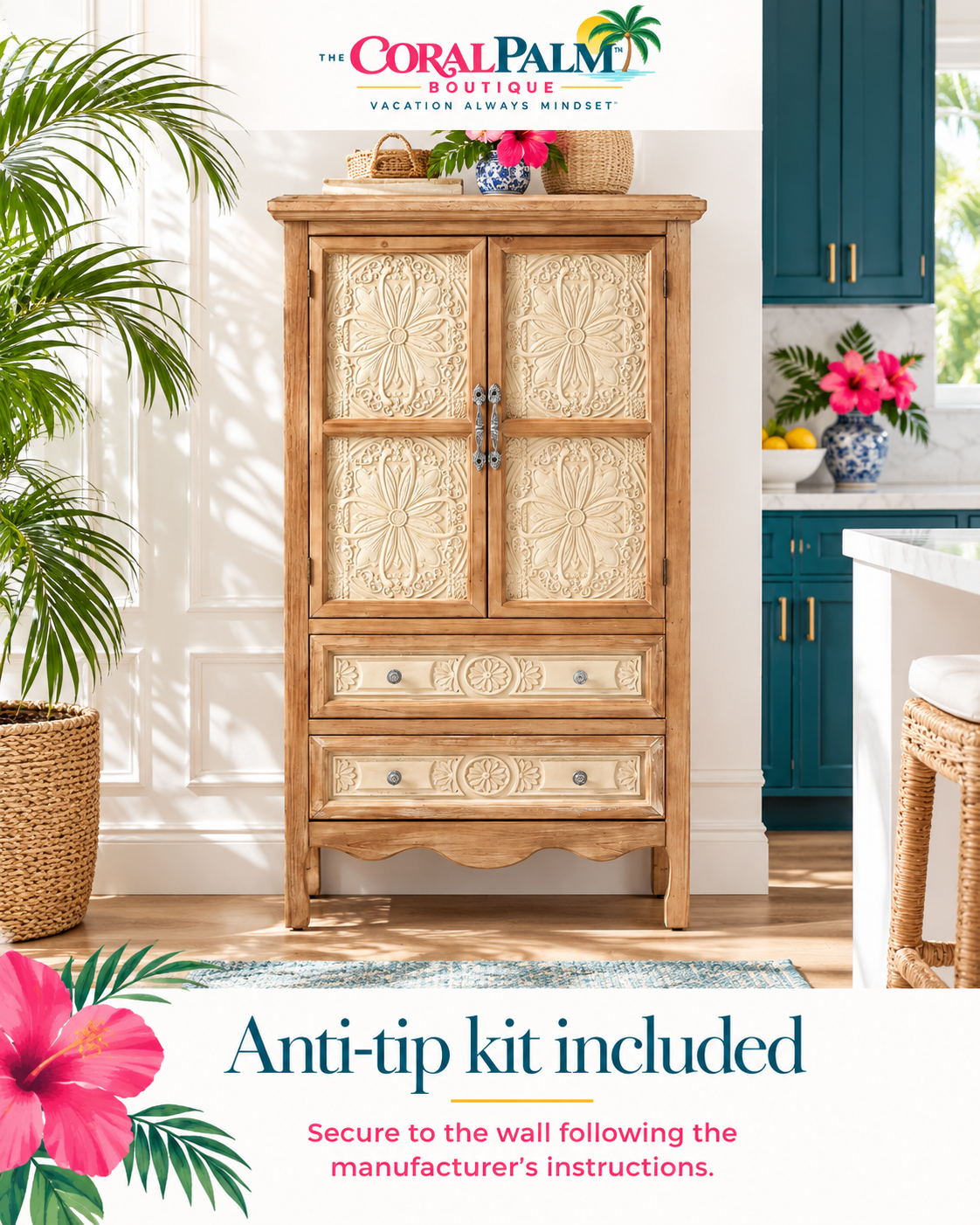 Seabrook Carved Wood Pantry Cabinet – Natural Finish
