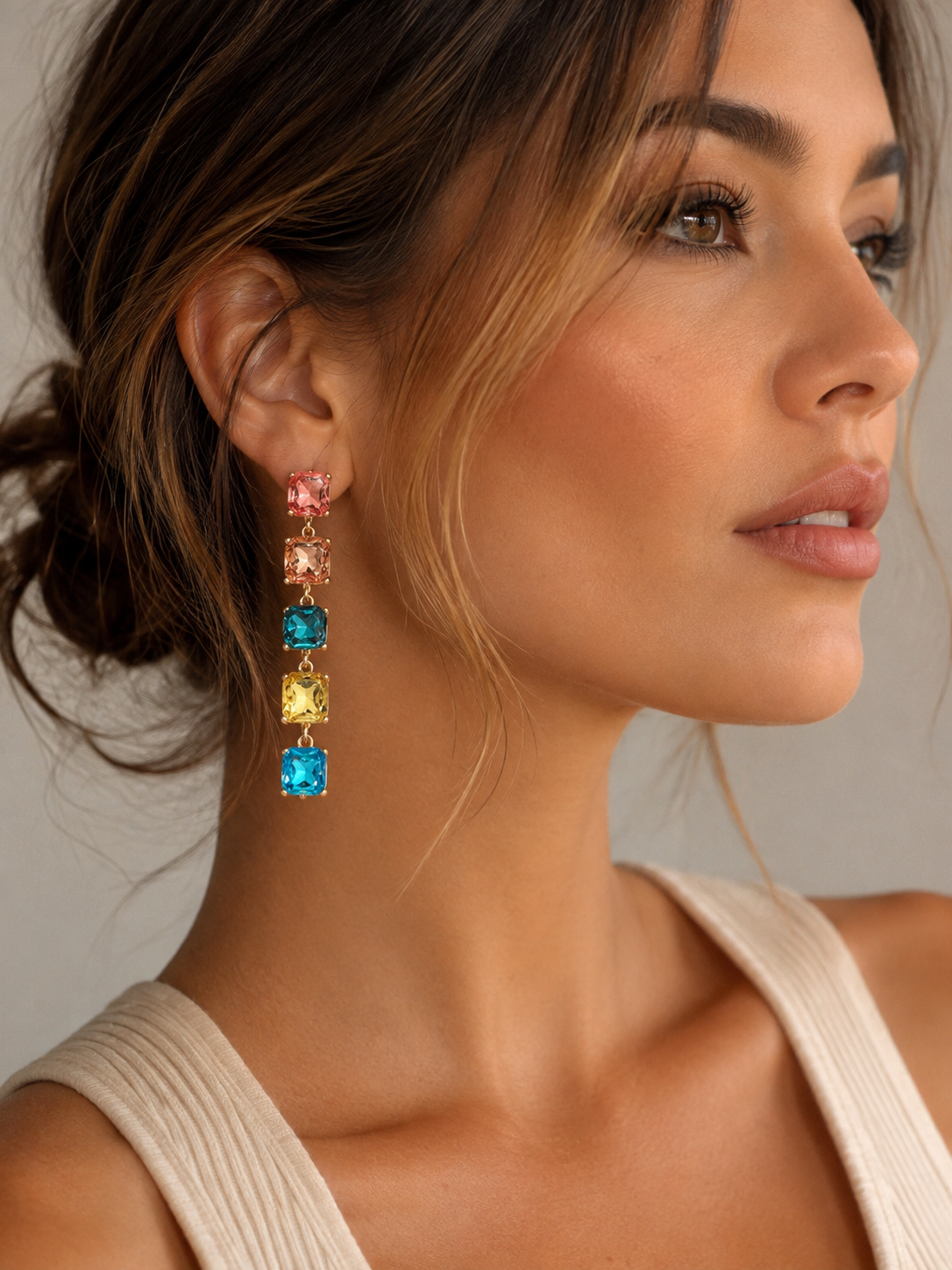 Square Stone Cluster Link Drop Earrings