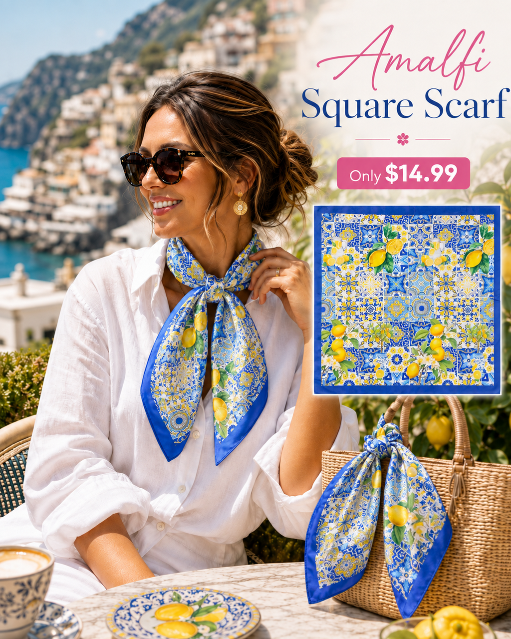 Lemon & Tile Daisy Silky Feel Bandana Scarf