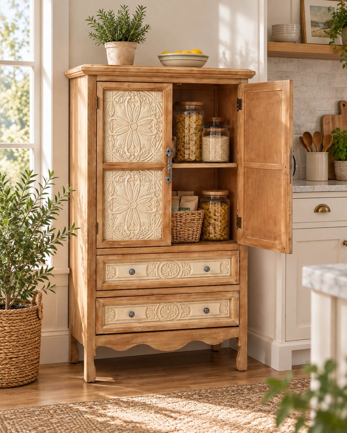 Seabrook Carved Wood Pantry Cabinet – Natural Finish