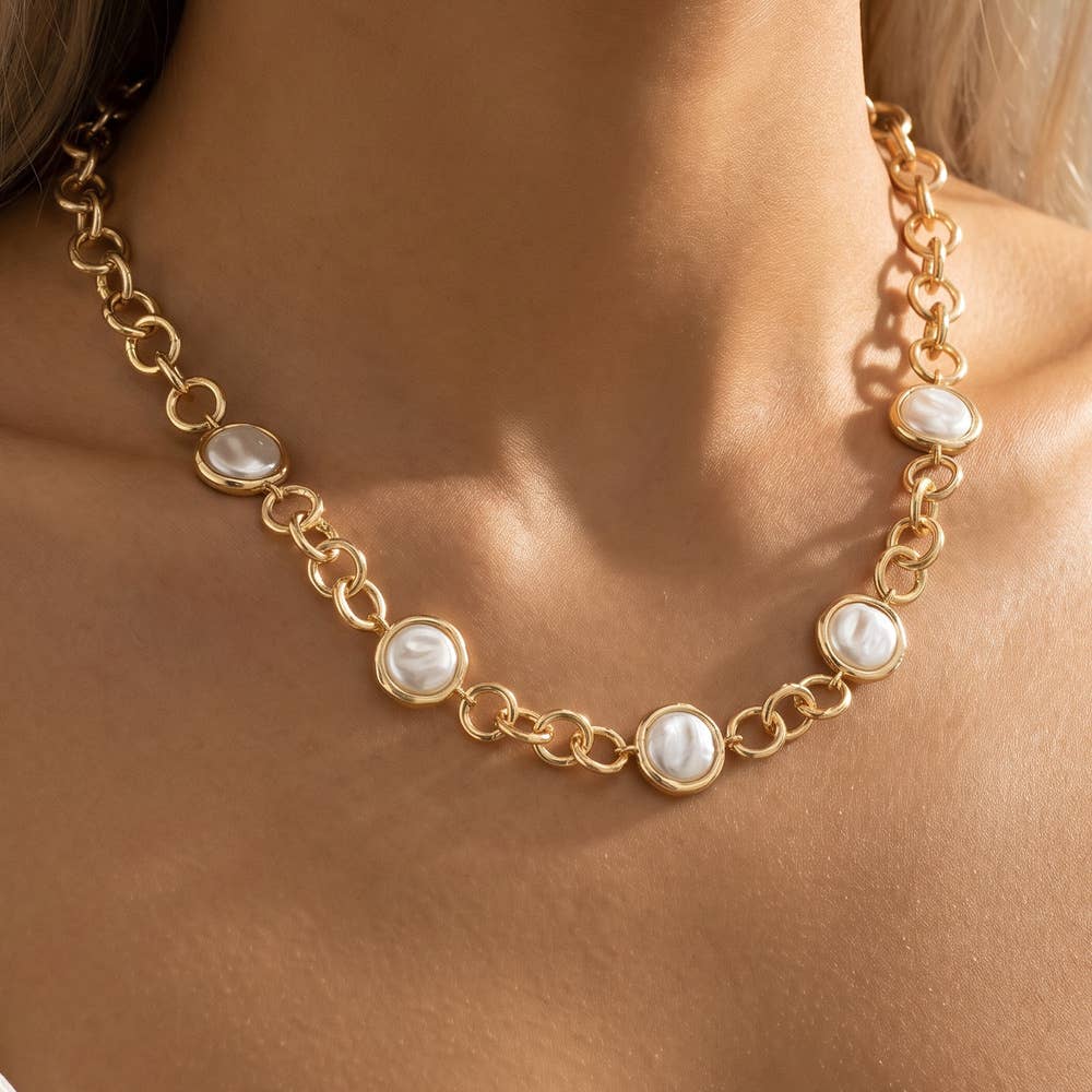 Coin Pearl Station Link Chain Necklace