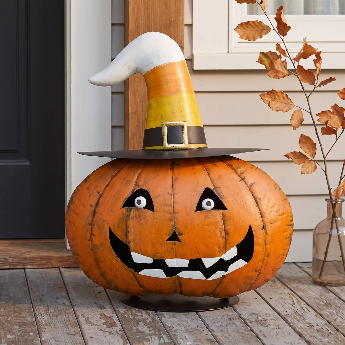 Madame Candy Corn 17.75” Metal Halloween Pumpkin