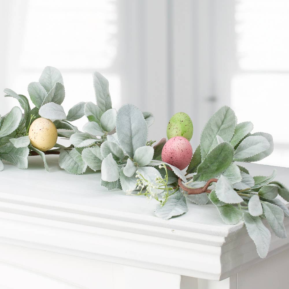 Artificial Lambs Ear and Easter Egg Garland Spring Greenery - The Coral Palm LLC