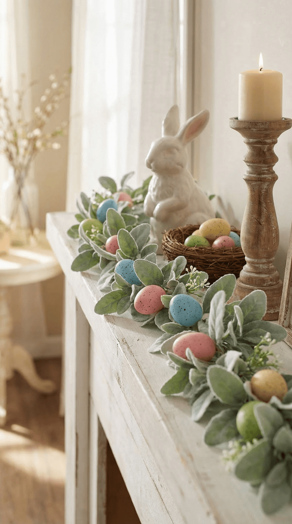 Artificial Lambs Ear and Easter Egg Garland Spring Greenery - The Coral Palm LLC