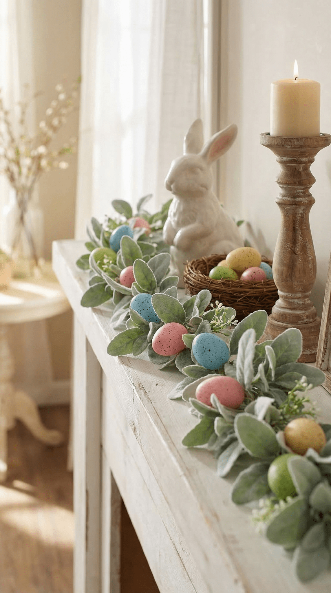 Artificial Lambs Ear and Easter Egg Garland Spring Greenery - The Coral Palm LLC