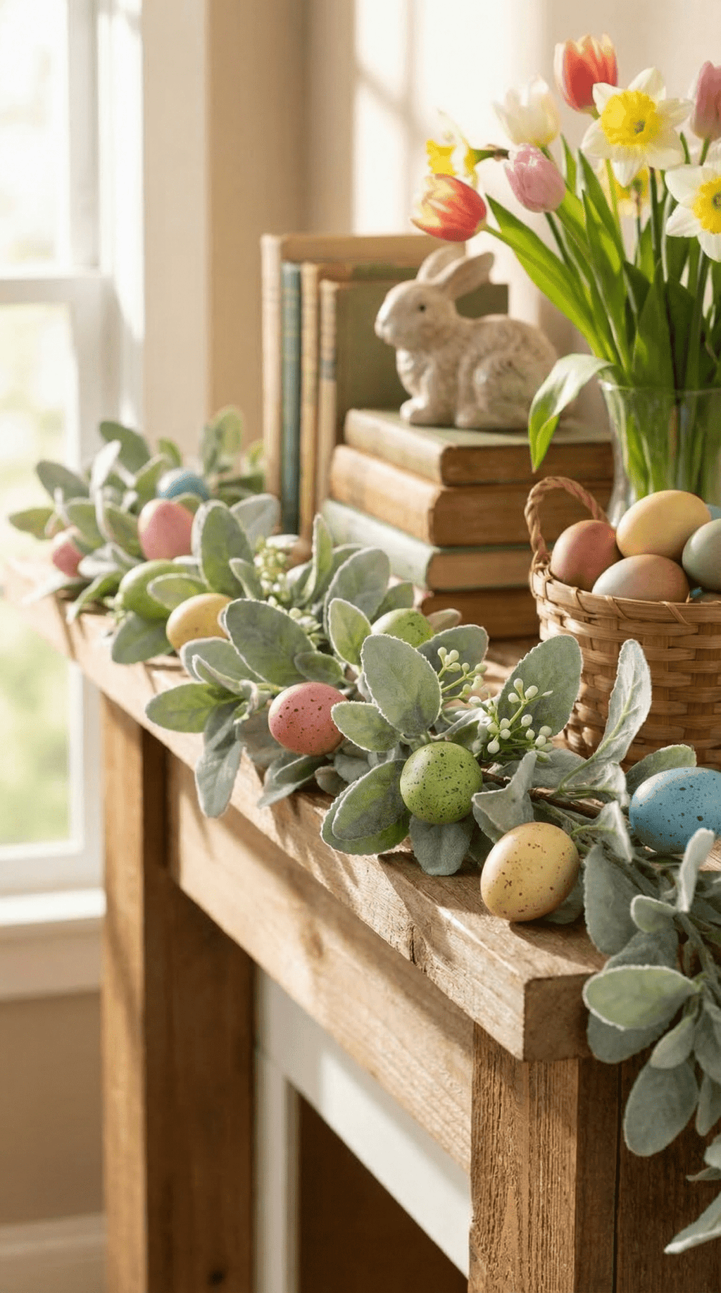 Artificial Lambs Ear and Easter Egg Garland Spring Greenery - The Coral Palm LLC