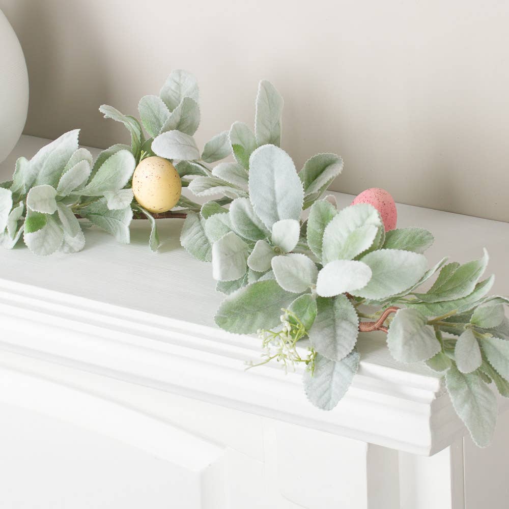 Artificial Lambs Ear and Easter Egg Garland Spring Greenery - The Coral Palm LLC