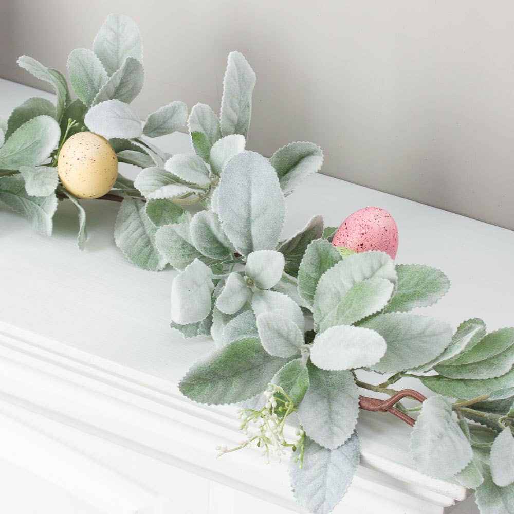 Artificial Lambs Ear and Easter Egg Garland Spring Greenery - The Coral Palm LLC