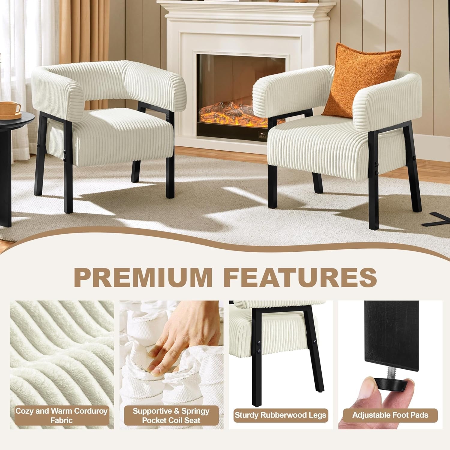 Beige Corduroy Barrel Chair With Pocket Coil Support - The Coral Palm LLC