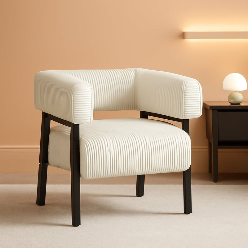 Beige Corduroy Barrel Chair With Pocket Coil Support - The Coral Palm LLC