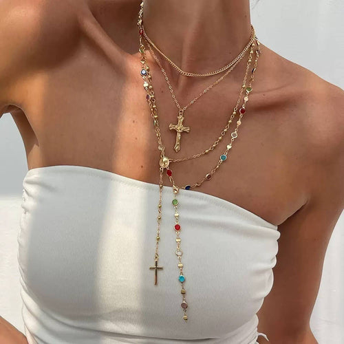 BOHO Y MULTI STONE CROSS LARIAT LAYER NECKLACE - The Coral Palm LLC