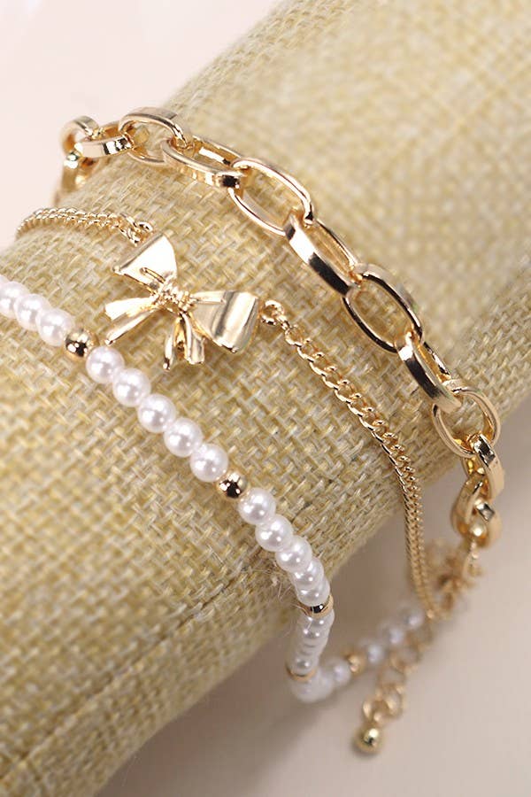 BOW PEARL LINK TRIO SET BRACELETS | 80B146 - The Coral Palm LLC