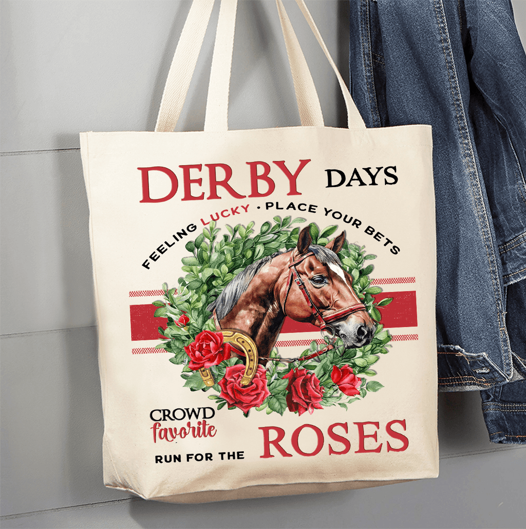 Derby Days and Roses Horses Canvas Tote Bag - The Coral Palm LLC
