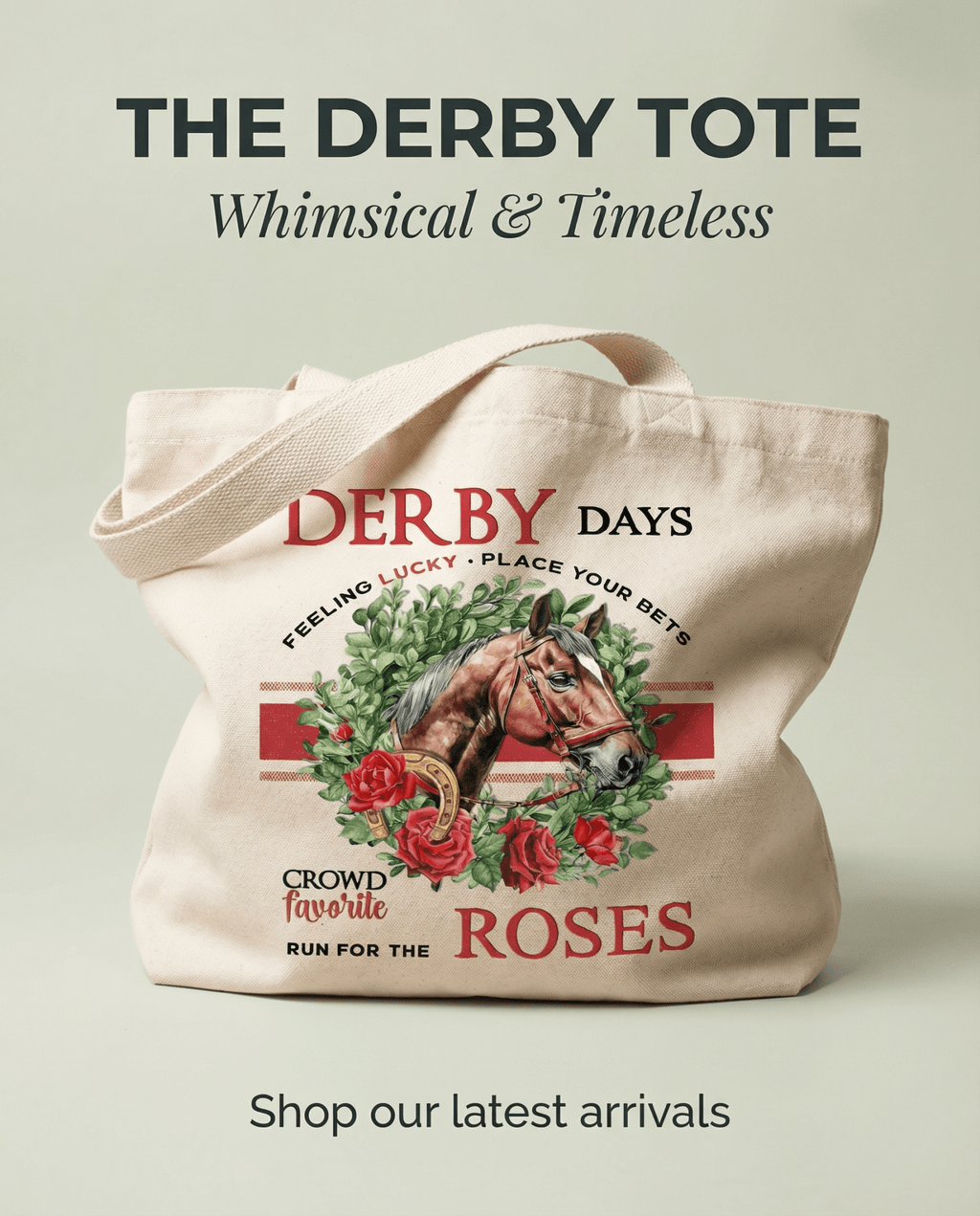 Derby Days and Roses Horses Canvas Tote Bag - The Coral Palm LLC