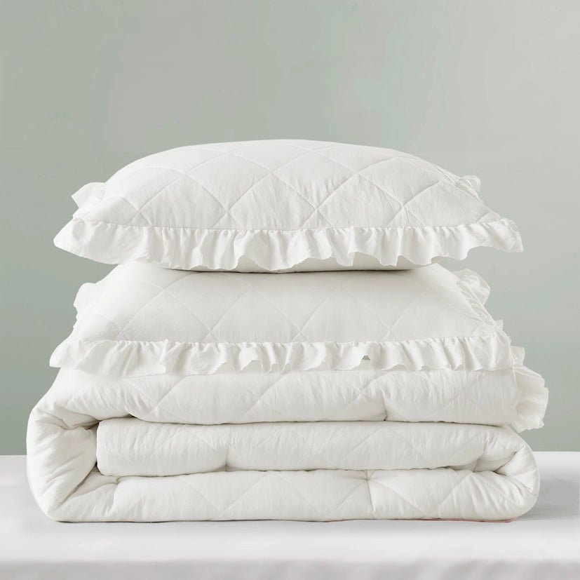 Diamond Quilted Ruffle Edge Comforter Set, Ivory - The Coral Palm LLC