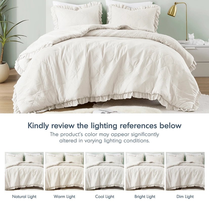 Diamond Quilted Ruffle Edge Comforter Set, Ivory - The Coral Palm LLC