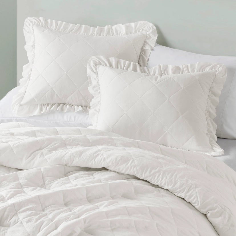 Diamond Quilted Ruffle Edge Comforter Set, Ivory - The Coral Palm LLC