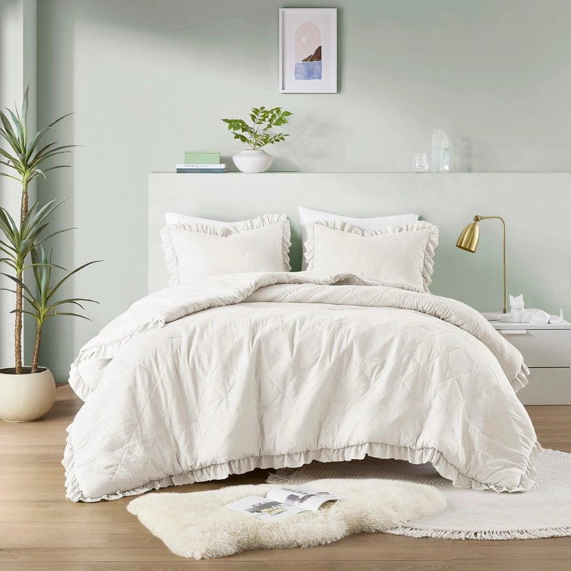Diamond Quilted Ruffle Edge Comforter Set, Ivory - The Coral Palm LLC