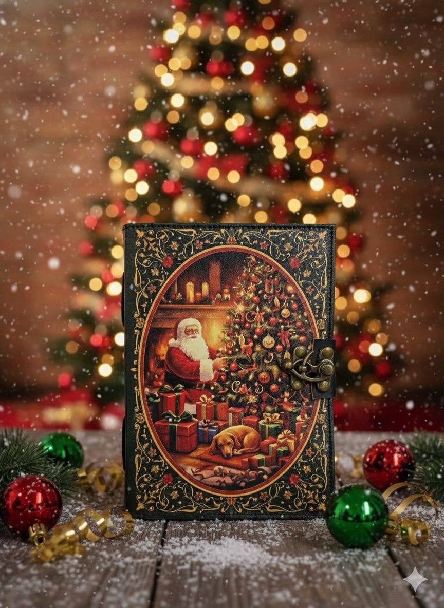 Christmas Journal Holiday Handmade Leather Journal Santa