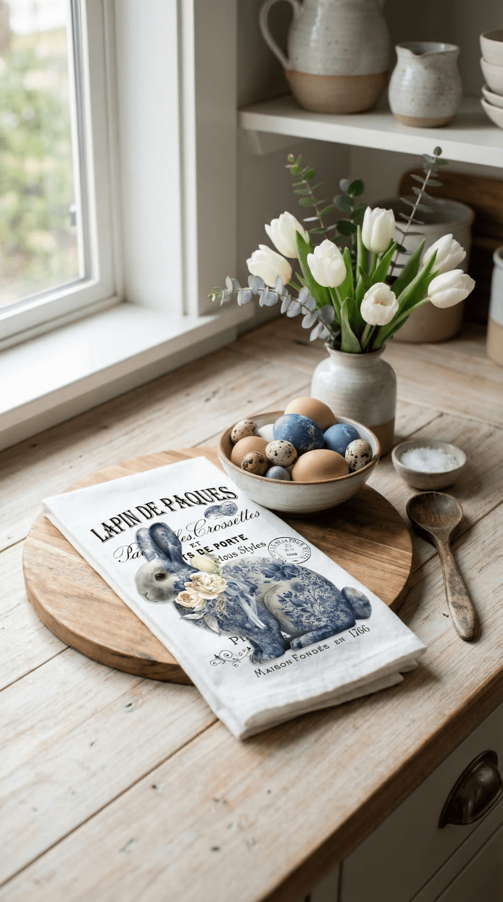 Easter Bunny Blue & White Chinoiserie Flour Sack Tea Towel - The Coral Palm LLC