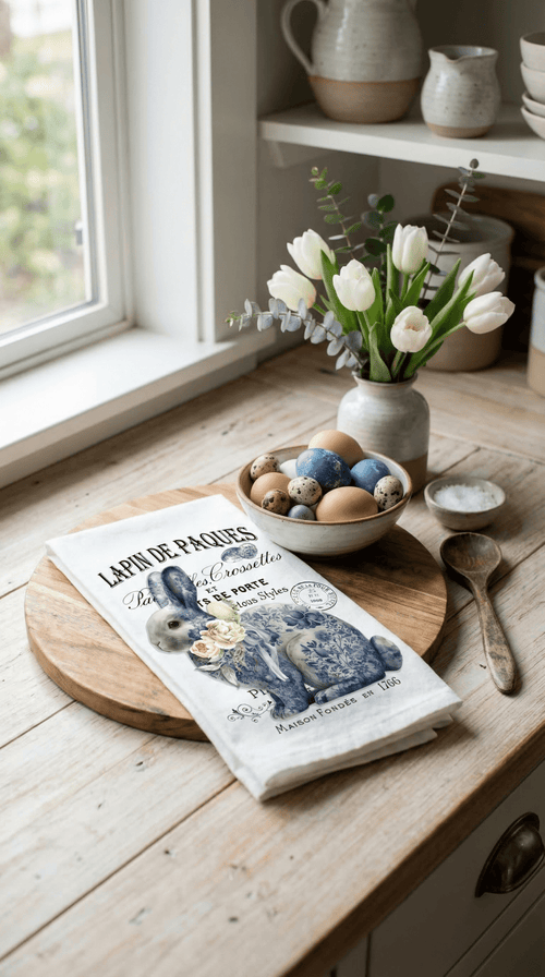 Easter Bunny Blue & White Chinoiserie Flour Sack Tea Towel - The Coral Palm LLC
