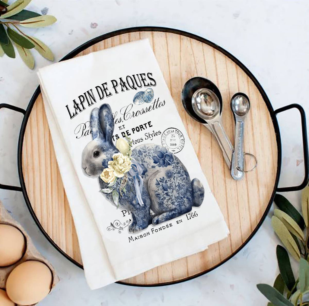 Easter Bunny Blue & White Chinoiserie Flour Sack Tea Towel - The Coral Palm LLC