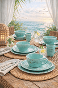 Elama Malibu Waves 16 - Piece Dinnerware Set in Turquoise - The Coral Palm LLC