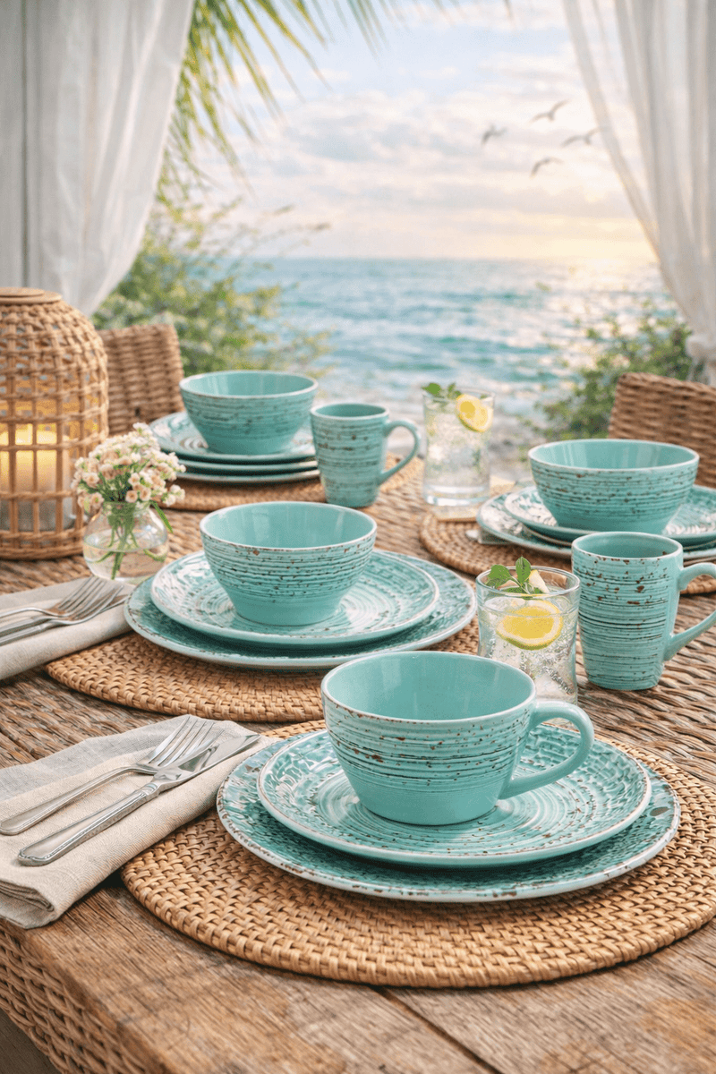 Elama Malibu Waves 16 - Piece Dinnerware Set in Turquoise - The Coral Palm LLC