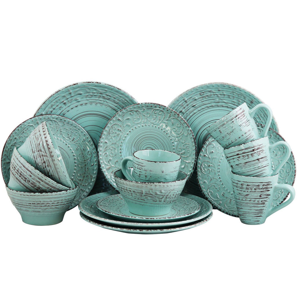 Elama Malibu Waves 16 - Piece Dinnerware Set in Turquoise - The Coral Palm LLC