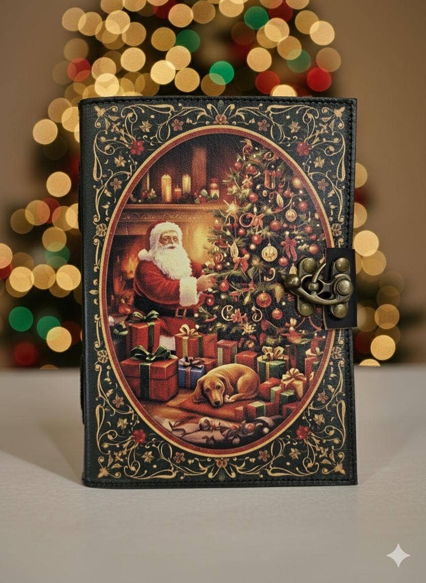 Christmas Journal Holiday Handmade Leather Journal Santa