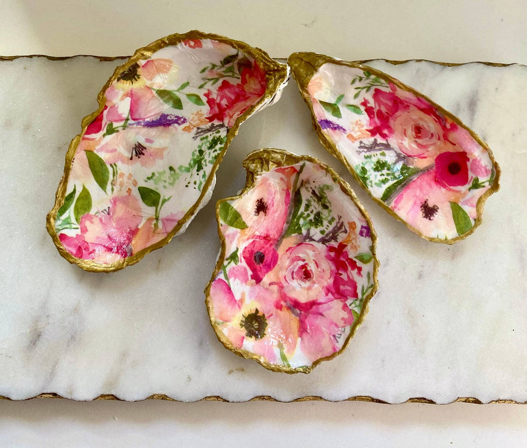 Handcrafted Pink Floral Oyster Shell Jewelry Dish - The Coral Palm LLC